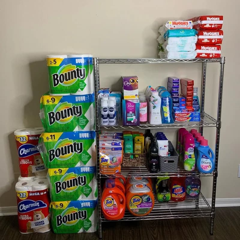 Stockpile shelves — Bounty, Charmin, Huggies, Tide organized!