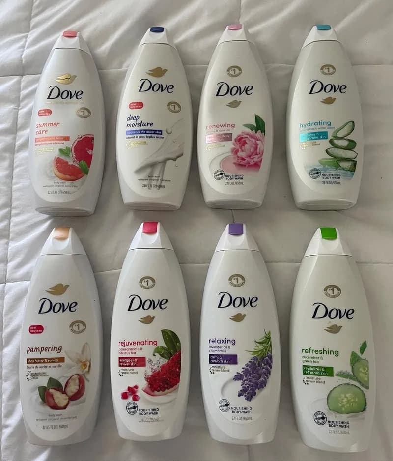 8 bottles of Dove body wash — different scents, one amazing deal