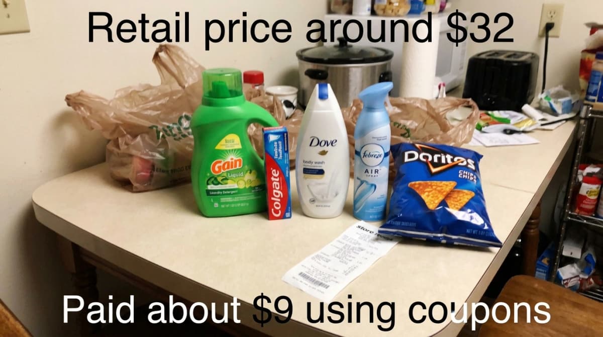 Retail $32 → paid $9 with coupons. Gain, Dove, Febreze & Doritos