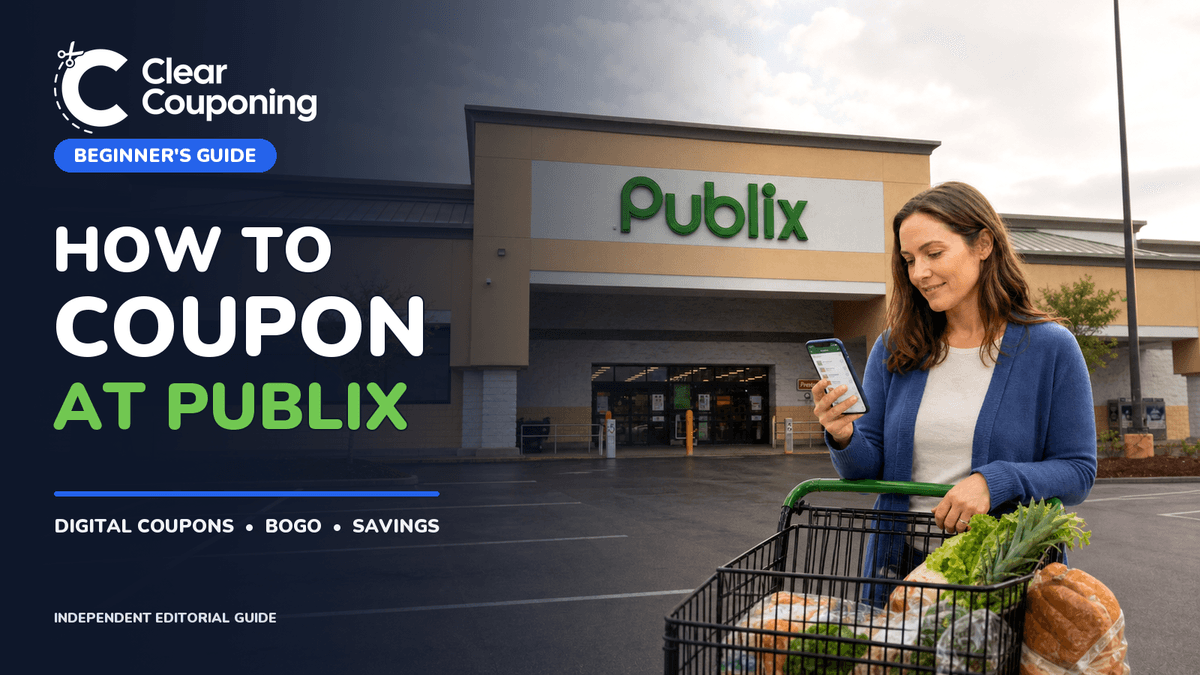 ClearCouponing featured image for Publix couponing beginners with a real Publix storefront and the title How to Coupon at Publix.