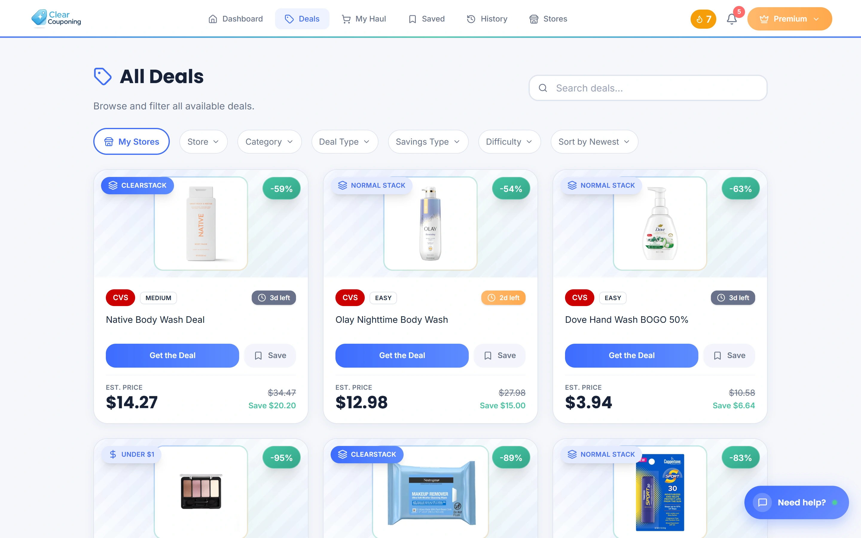 ClearCouponing deals page showing verified coupon deals at CVS, Target, and other stores with prices and savings