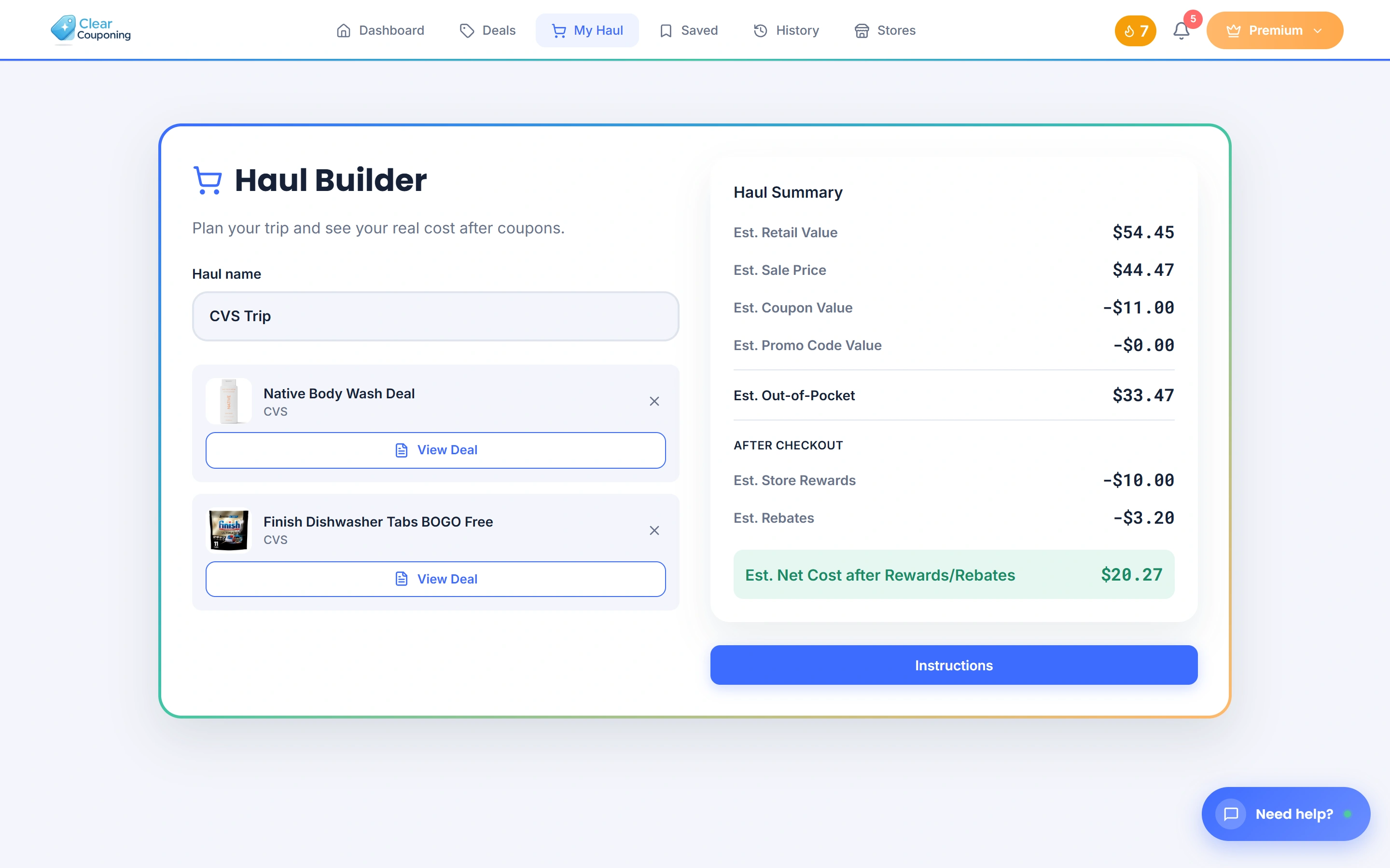Haul Builder tool showing a CVS trip with multiple deals, coupon values, rebates, and estimated net cost after rewards