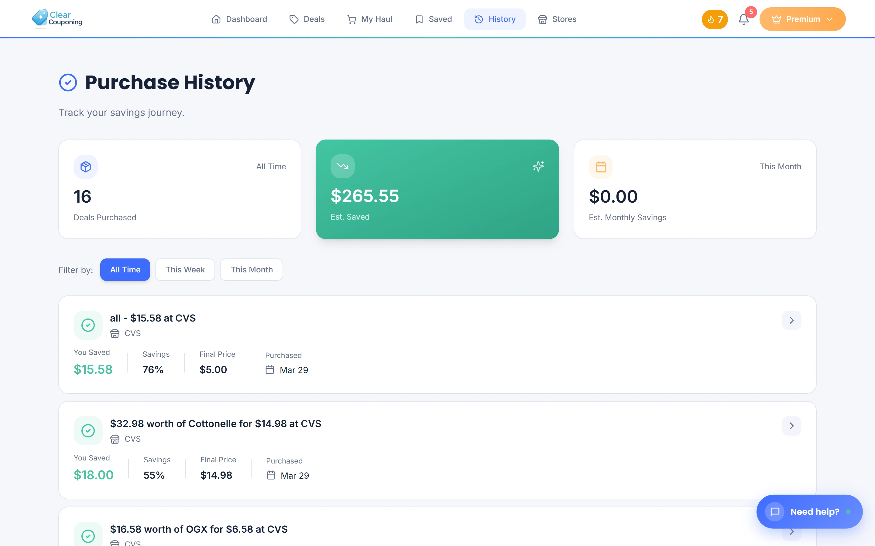Purchase history dashboard showing total savings of $265, deals purchased, and monthly savings breakdown