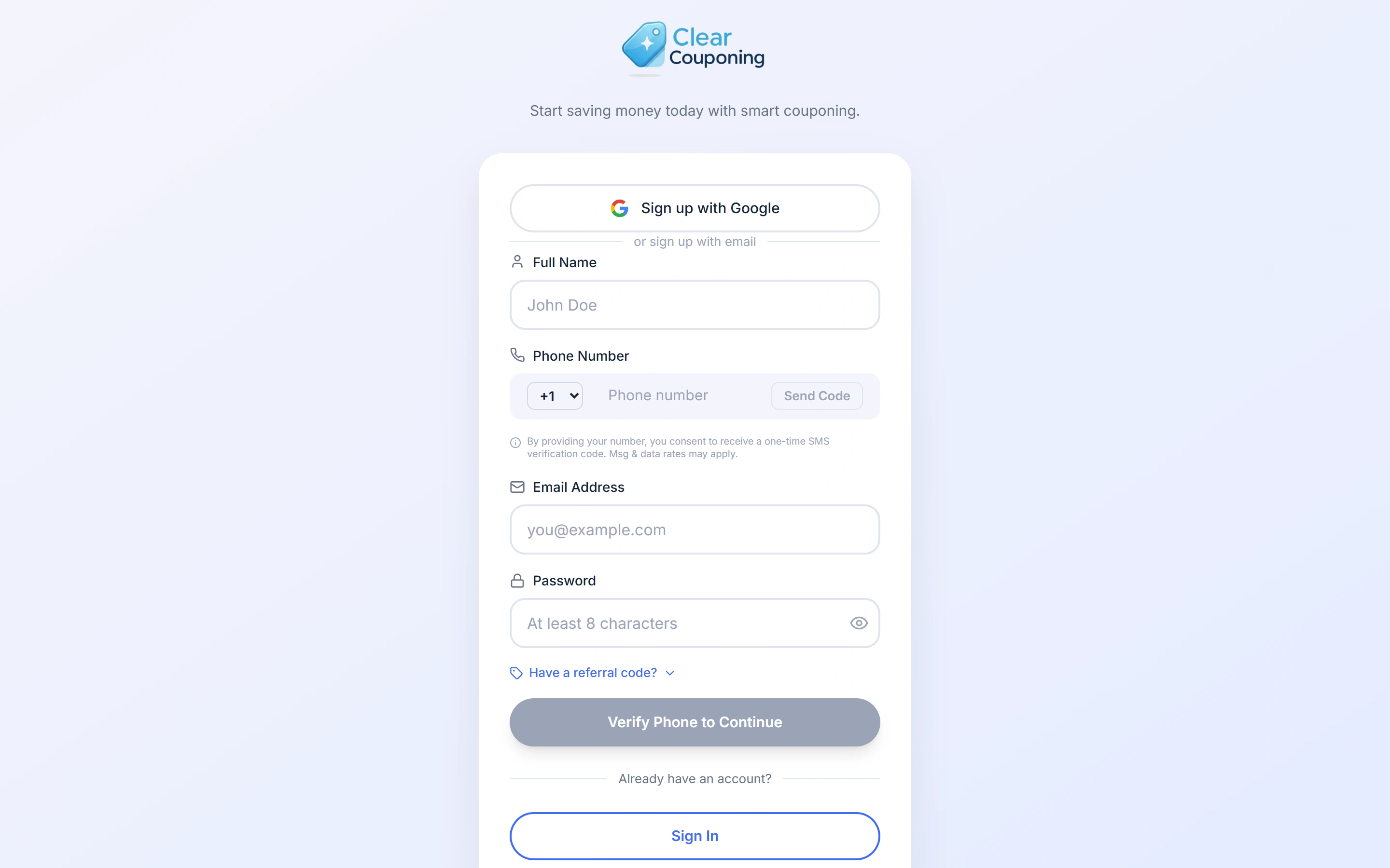 ClearCouponing signup page with Google sign-up, phone number, email, and password fields