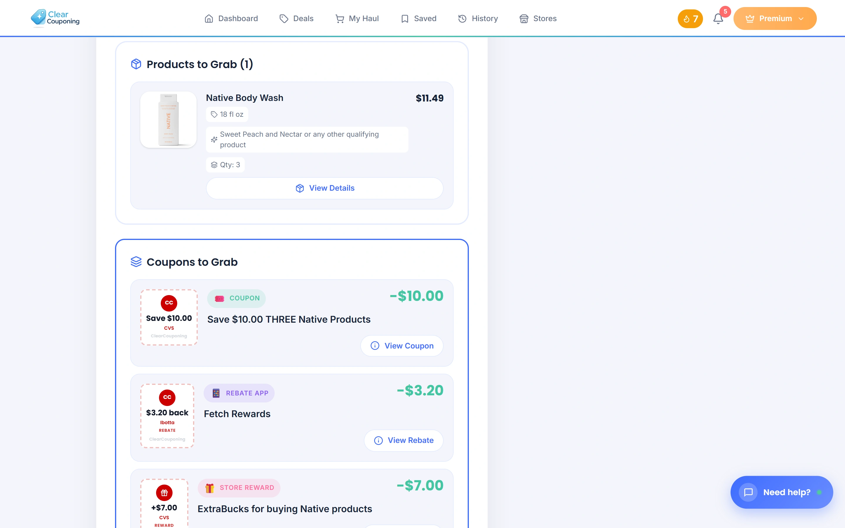Deal detail page showing coupon stacking breakdown with products to grab, coupons to clip, and total stacked savings